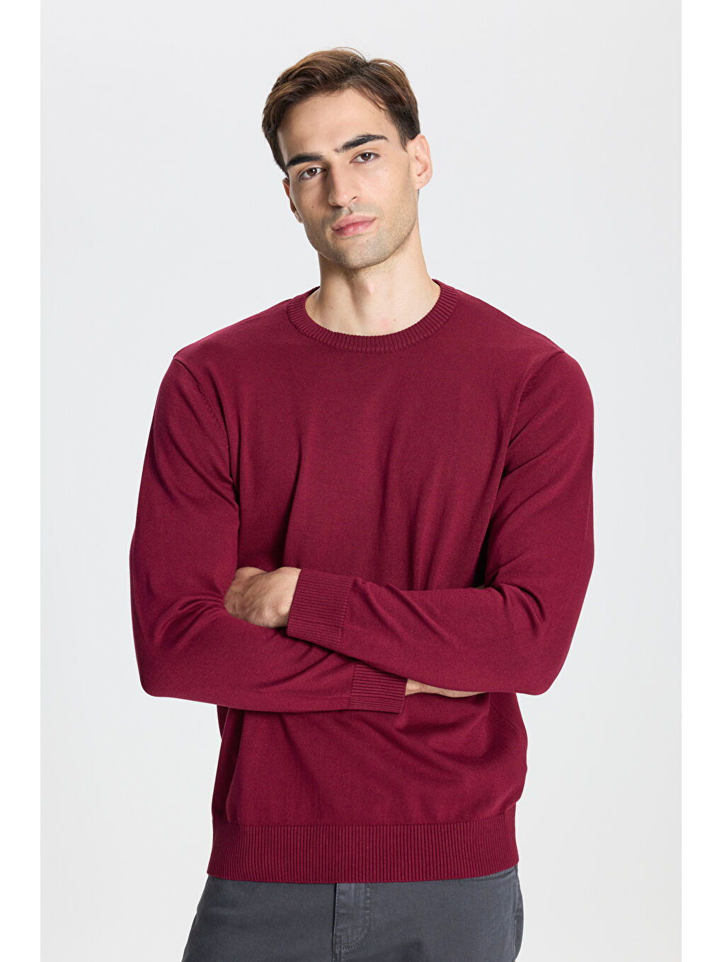 Erkek Bordo Standart Fit Normal Kesim Bisiklet Yaka Triko Kazak-2