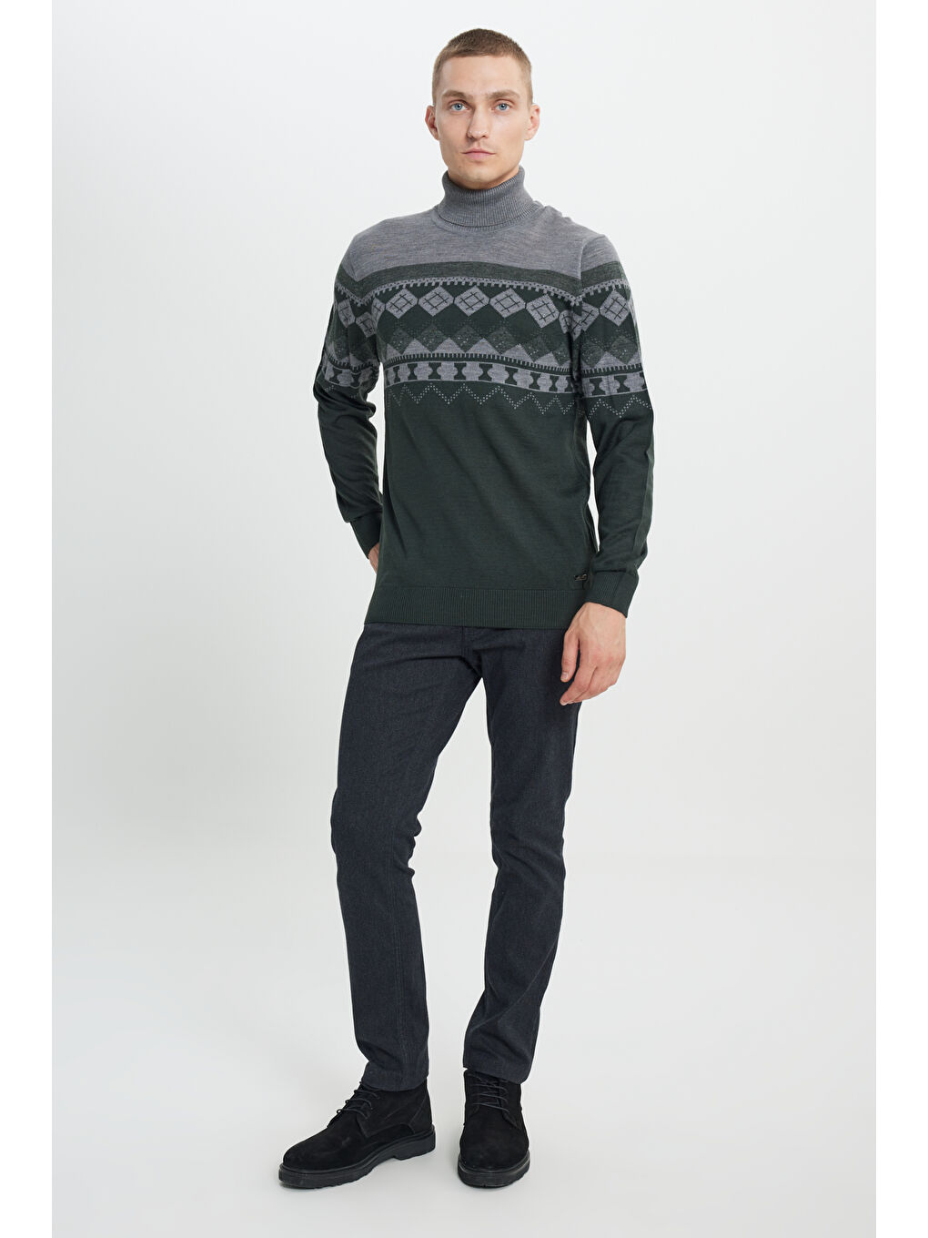 Erkek Yeşil-Gri Standart Fit Normal Kesim Tam Balıkçı Yaka Desenli Triko Kazak-1