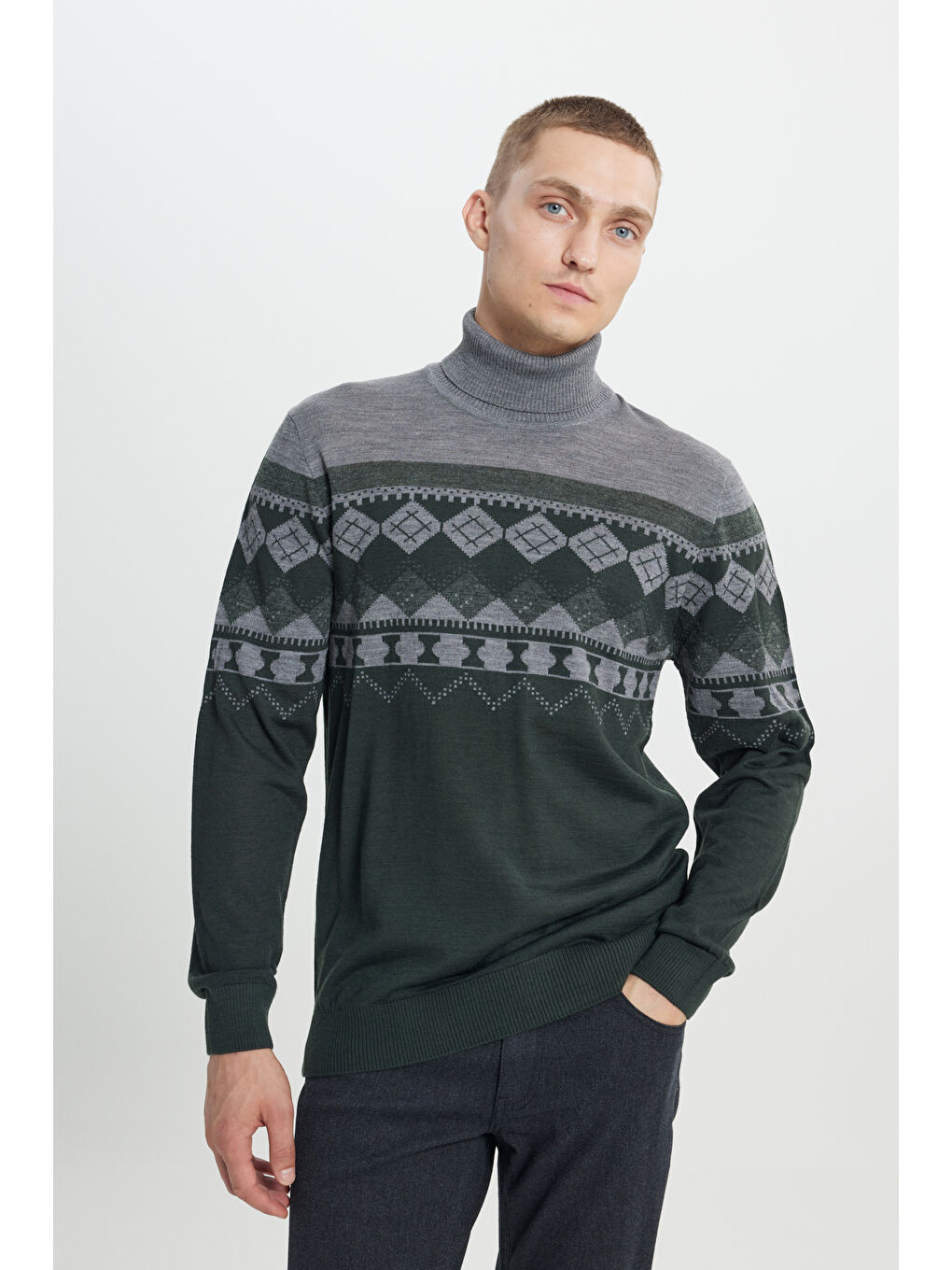 Erkek Yeşil-Gri Standart Fit Normal Kesim Tam Balıkçı Yaka Desenli Triko Kazak-2