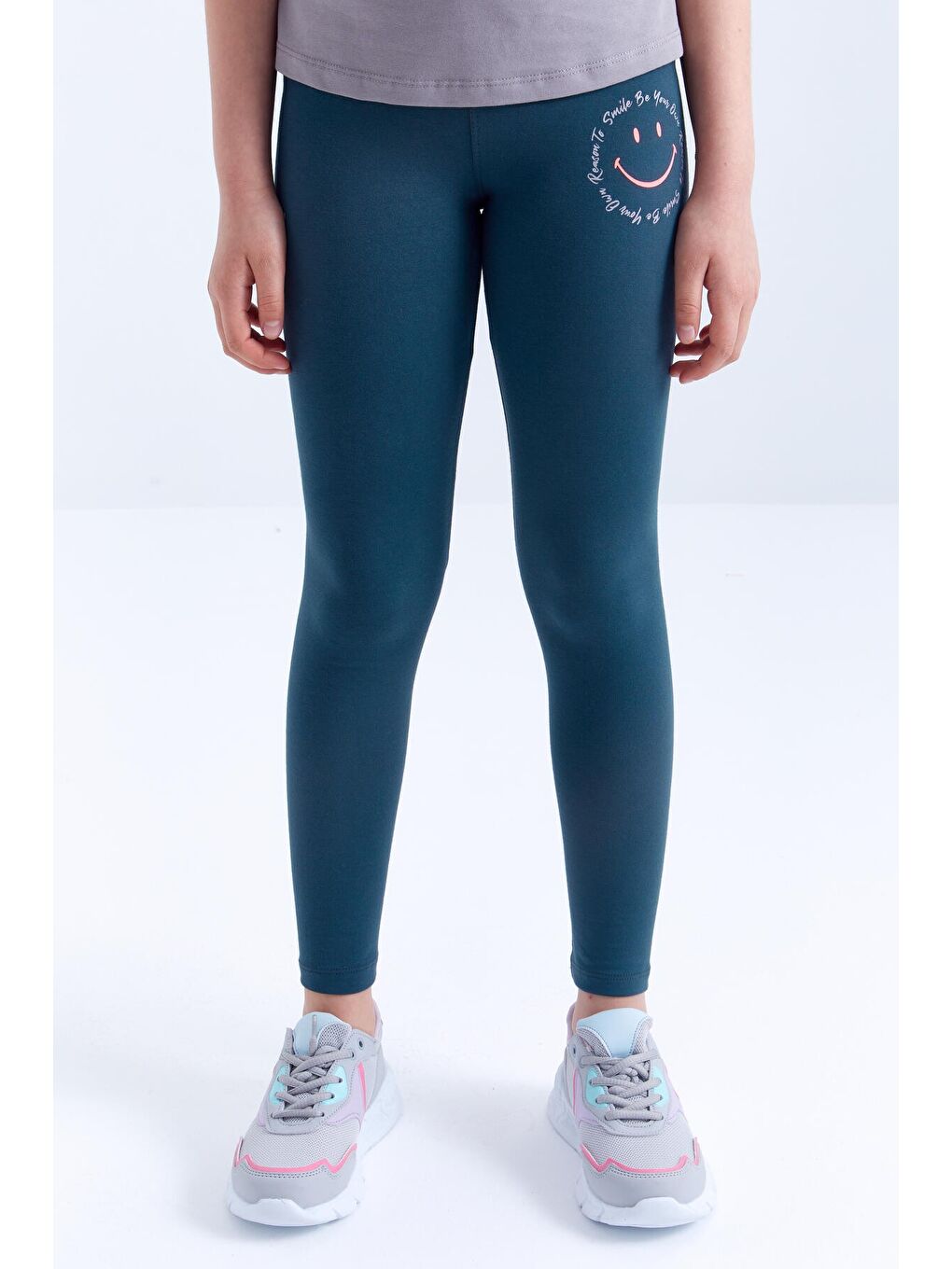 Gri - Orman Yeşil Emoji Baskılı Kısa Kollu O Yaka Kız Çocuk Tayt Takım - 75062-1