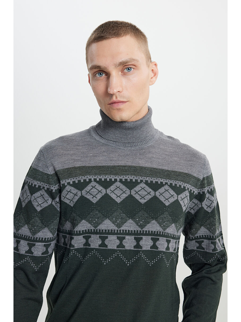 Erkek Yeşil-Gri Standart Fit Normal Kesim Tam Balıkçı Yaka Desenli Triko Kazak-3
