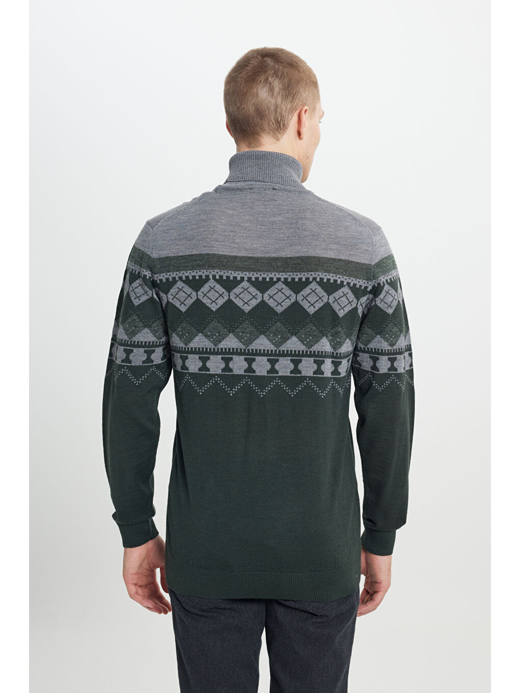 Erkek Yeşil-Gri Standart Fit Normal Kesim Tam Balıkçı Yaka Desenli Triko Kazak-4