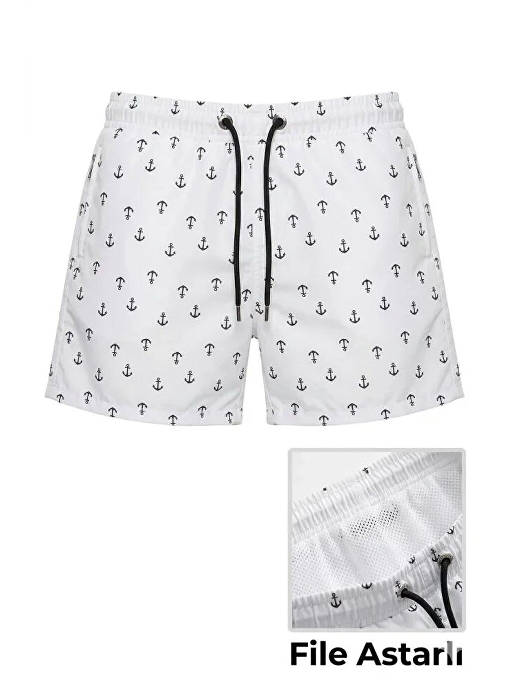 Erkek Deniz Şortu Fermuarlı Cepli File Astarlı Hızlı Kuruyan Premium - Beyaz