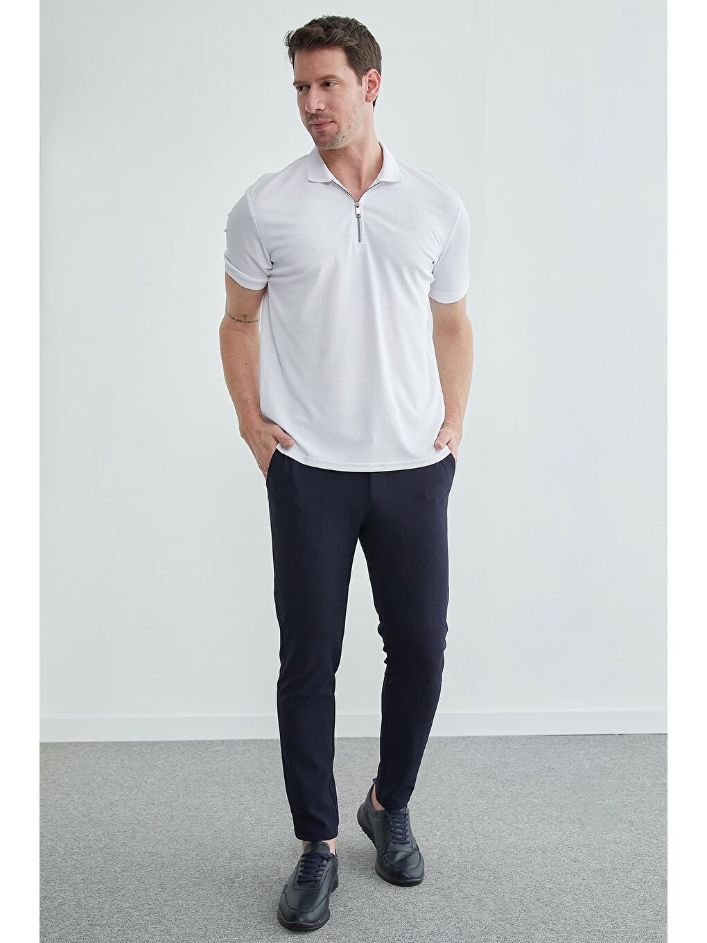 Lacivert Beli Bağcıklı Dokulu Pantolon-3