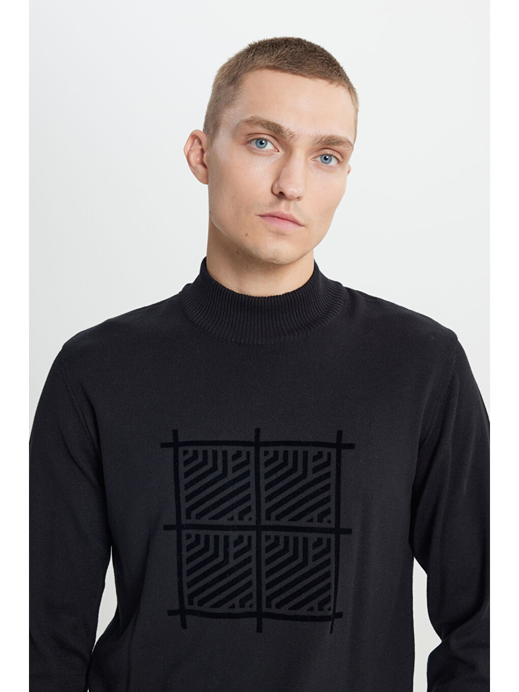 Erkek Siyah Standart Fit Normal Kesim Yarım Balıkçı Yaka Pamuklu Triko Kazak-4