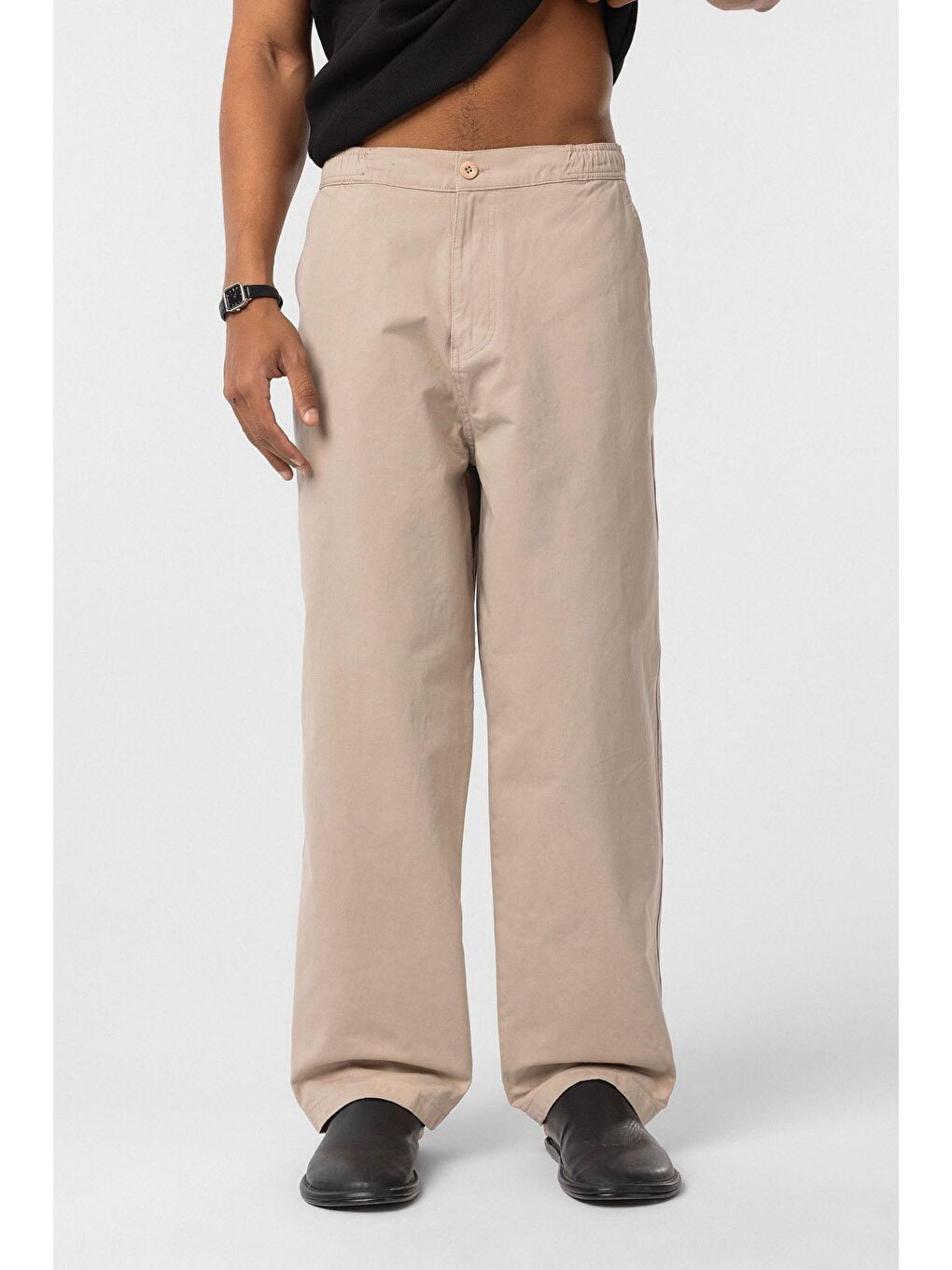 Yıkamalı Gabardin Baggy Erkek Pantolon Bej-2