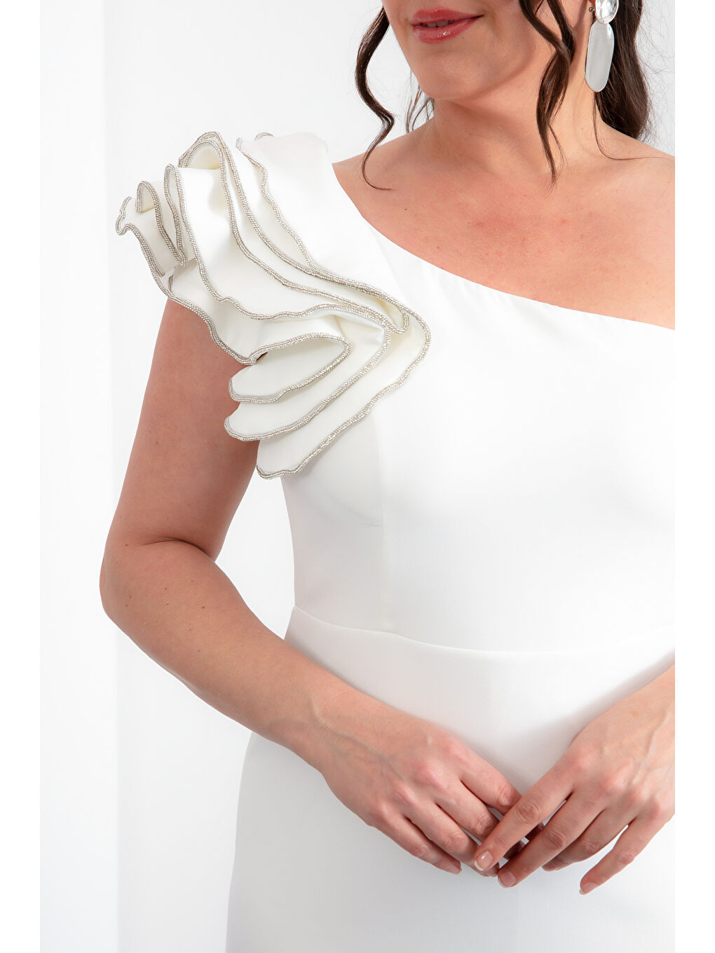 Kadın Beyaz Tek Omuz Büyük Beden Midi Abiye Elbise-3