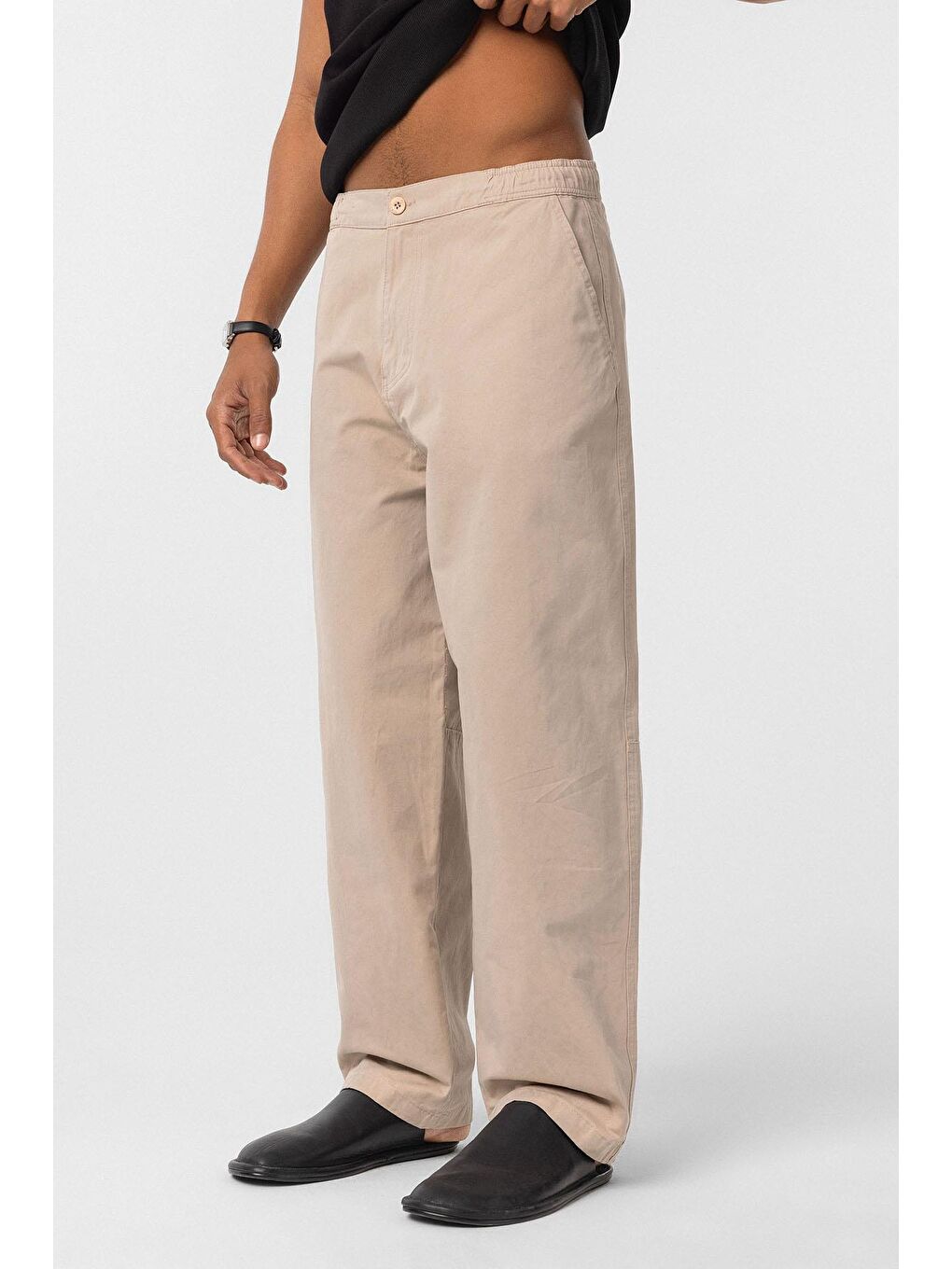 Yıkamalı Gabardin Baggy Erkek Pantolon Bej-4