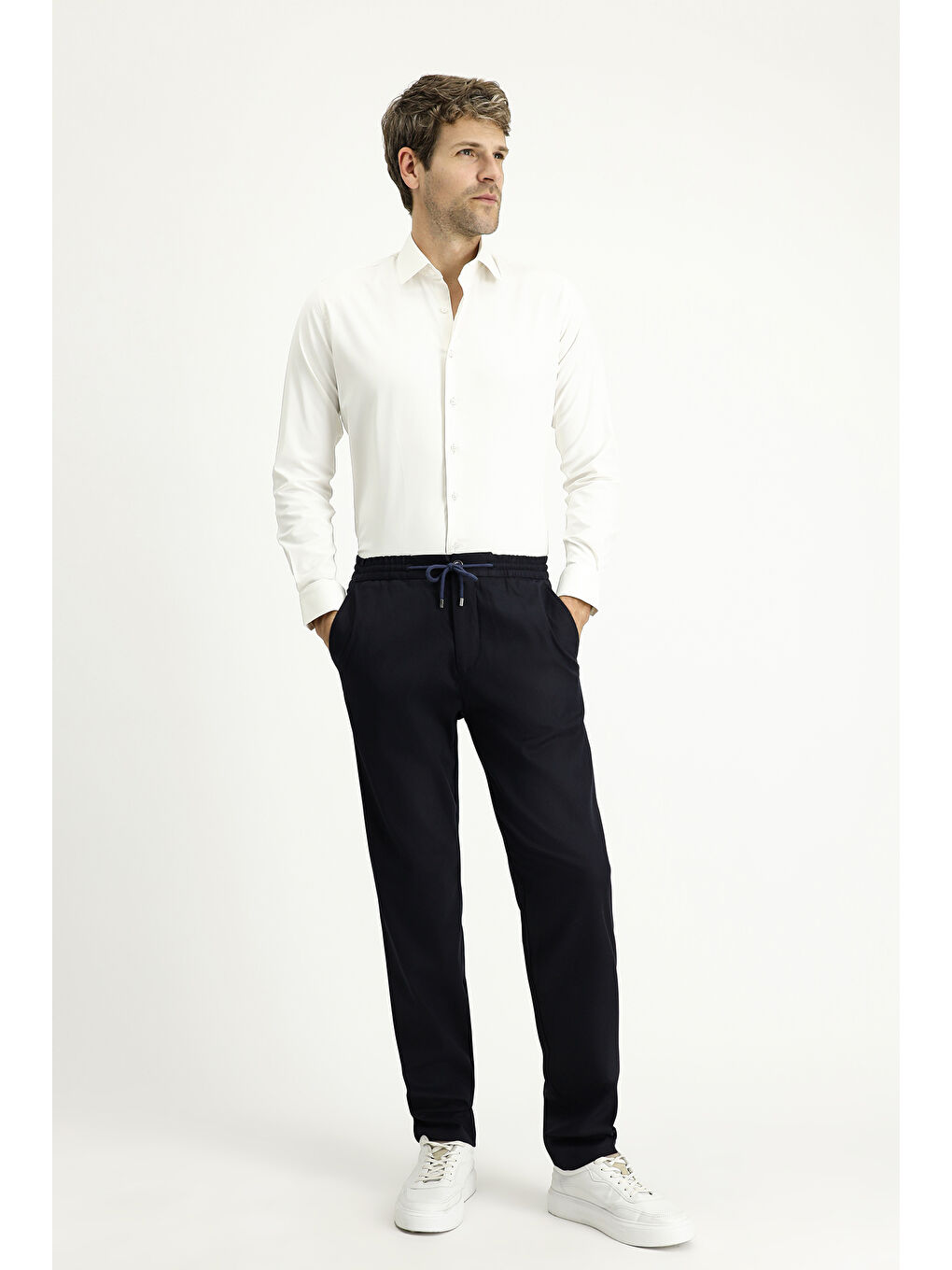 Lacivert Slim Fit Dar Kesim Beli Lastikli İpli Elastanlı Pantolon