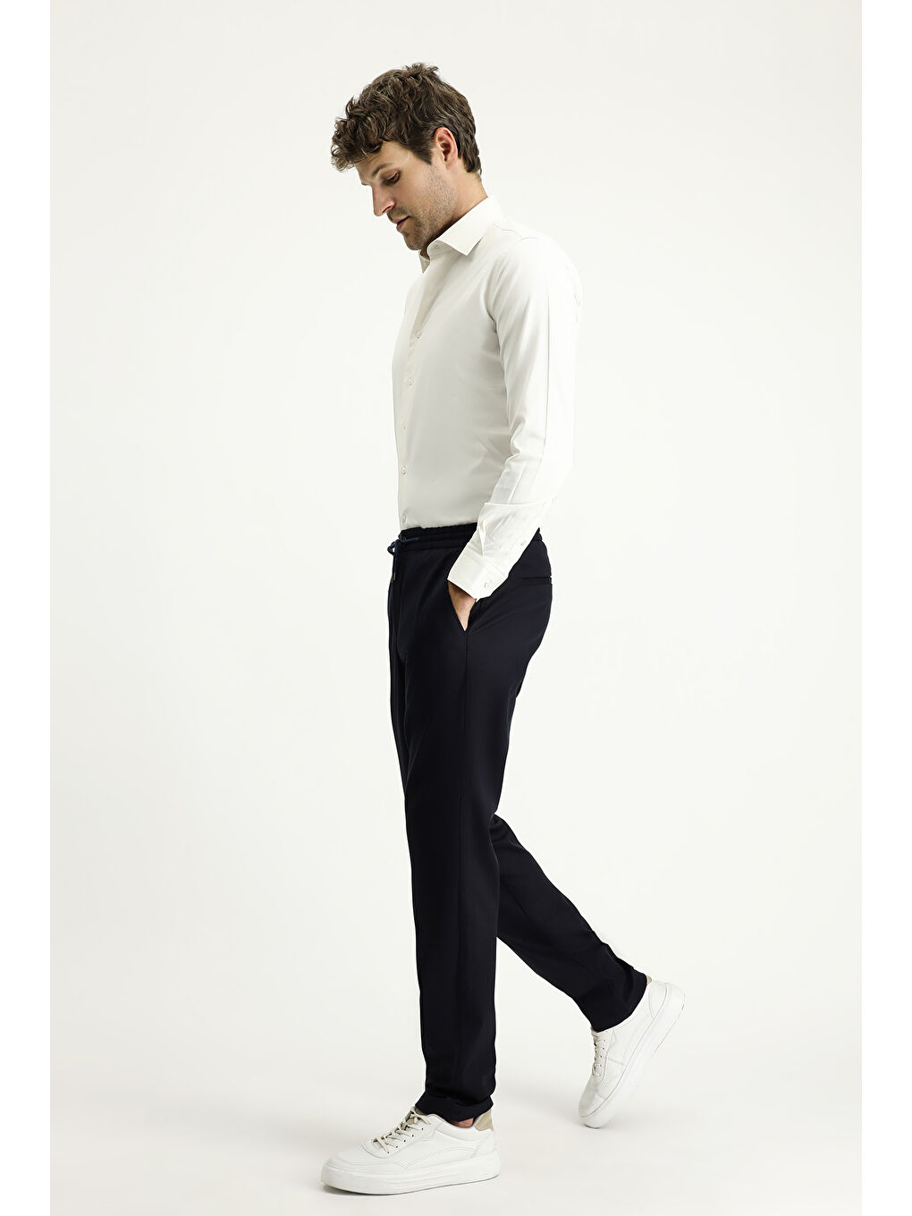 Lacivert Slim Fit Dar Kesim Beli Lastikli İpli Elastanlı Pantolon-1