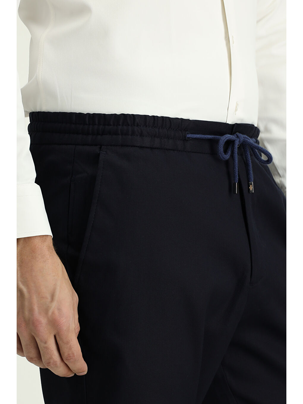 Lacivert Slim Fit Dar Kesim Beli Lastikli İpli Elastanlı Pantolon-3