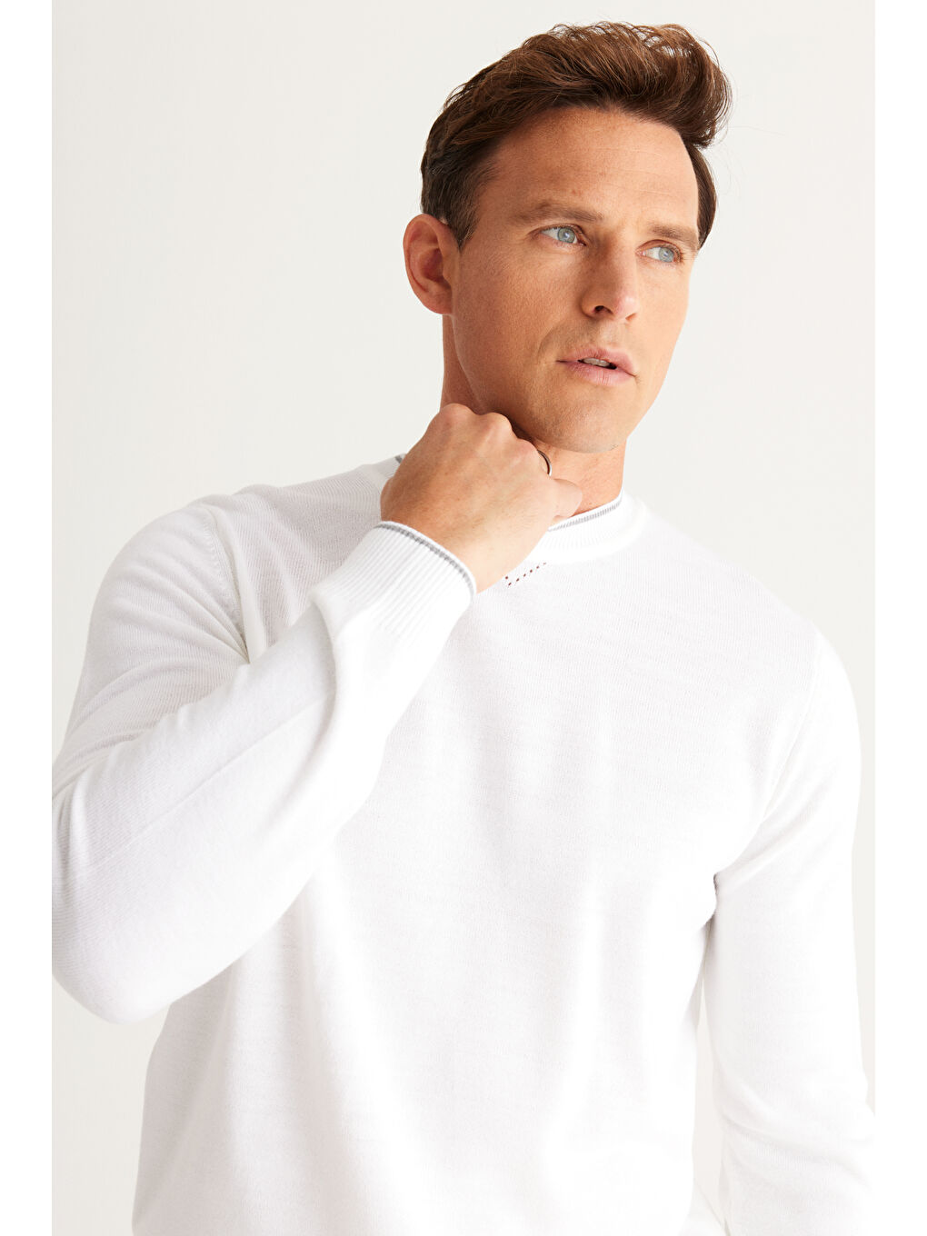 Ekru Erkek Krem Tüylenme Yapmayan Standart Fit Normal Kesim Bisiklet Yaka Triko Kazak-4