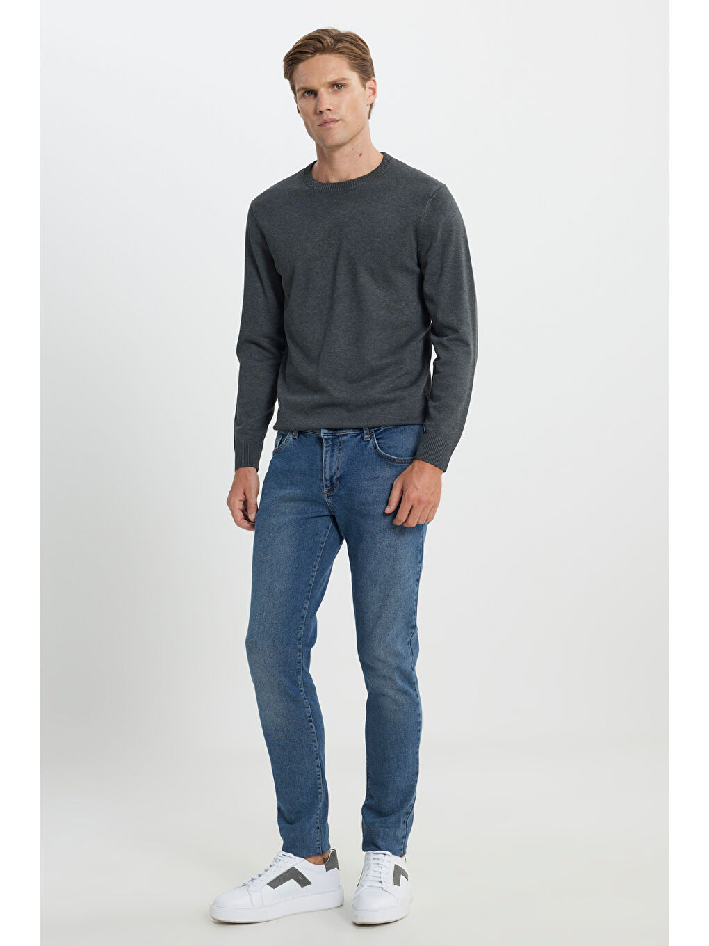 Erkek Antrasit-Melanj Standart Fit Normal Kesim Bisiklet Yaka Triko Kazak-1