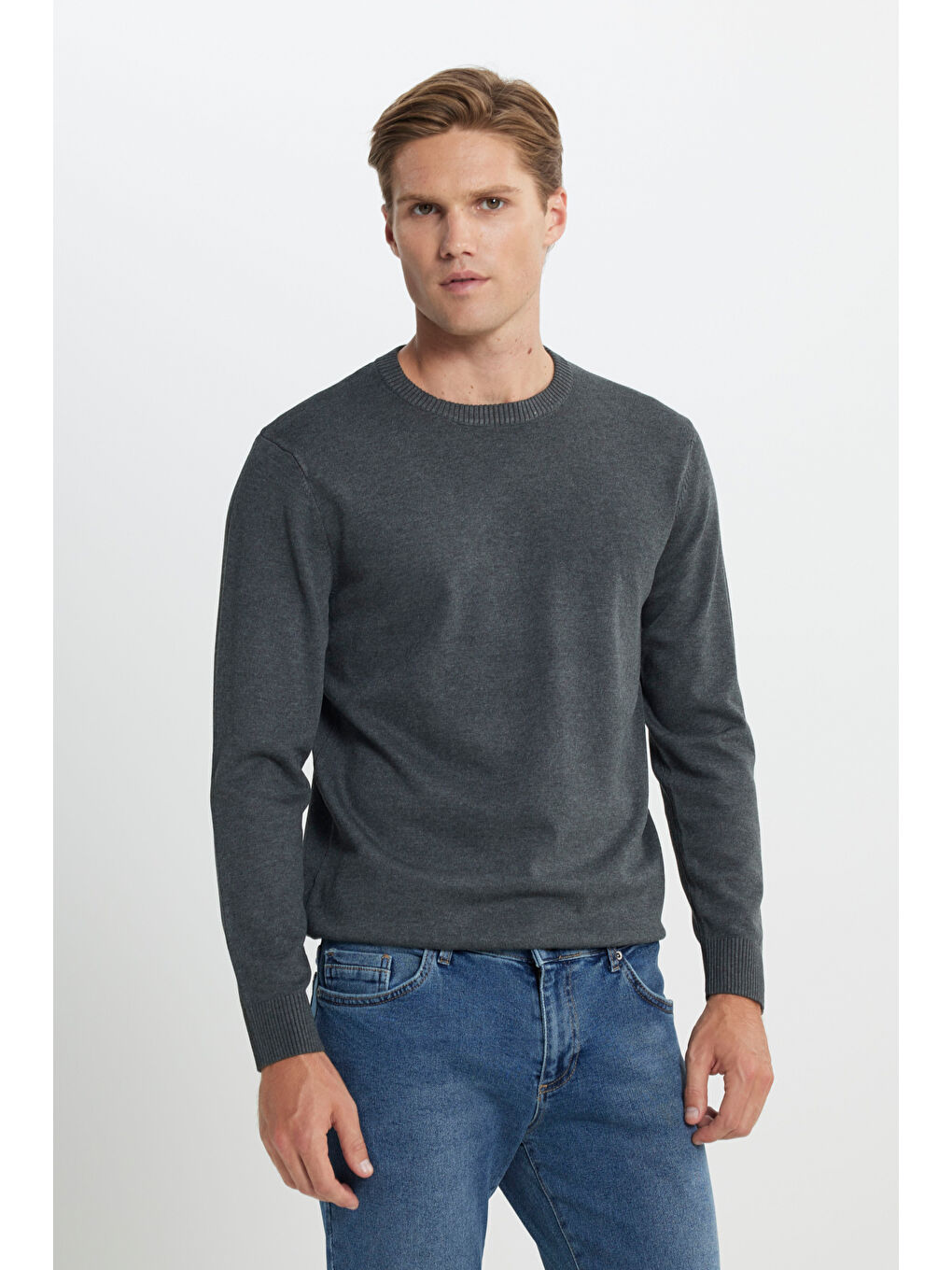 Erkek Antrasit-Melanj Standart Fit Normal Kesim Bisiklet Yaka Triko Kazak-2