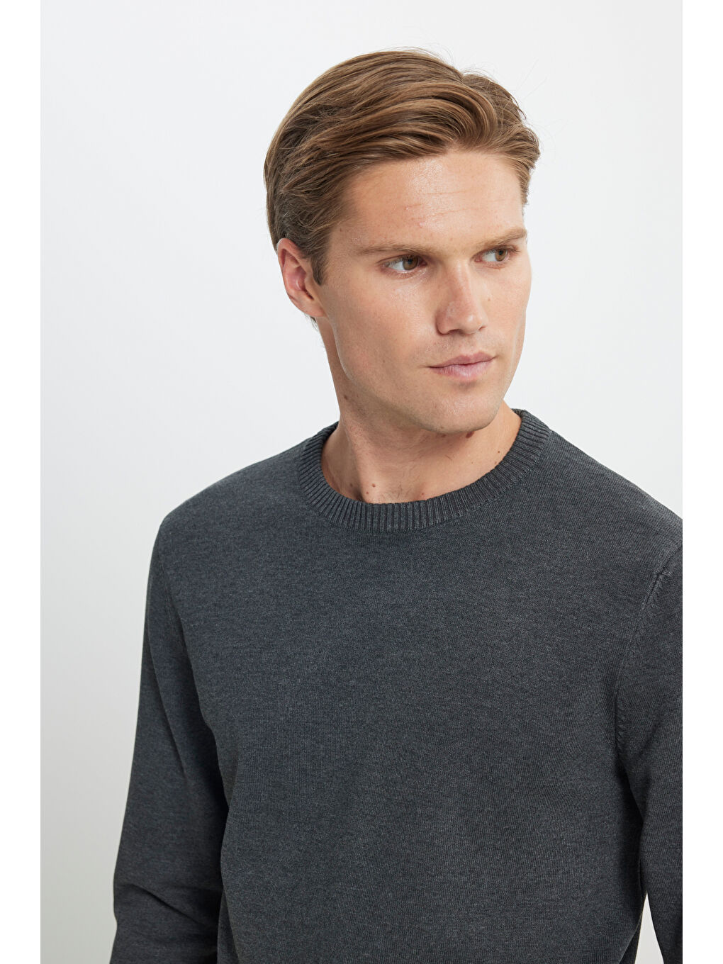 Erkek Antrasit-Melanj Standart Fit Normal Kesim Bisiklet Yaka Triko Kazak-3