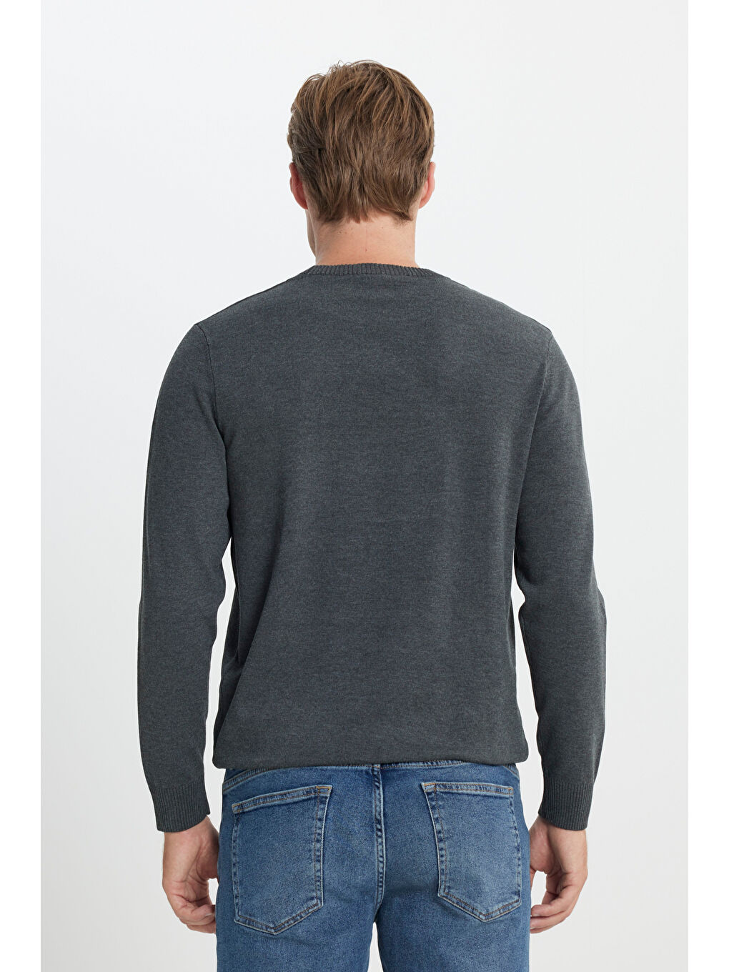 Erkek Antrasit-Melanj Standart Fit Normal Kesim Bisiklet Yaka Triko Kazak-4