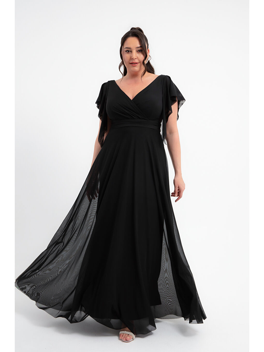 Kadın Siyah V Yaka Kısa Kollu Büyük Beden Uzun Abiye Elbise