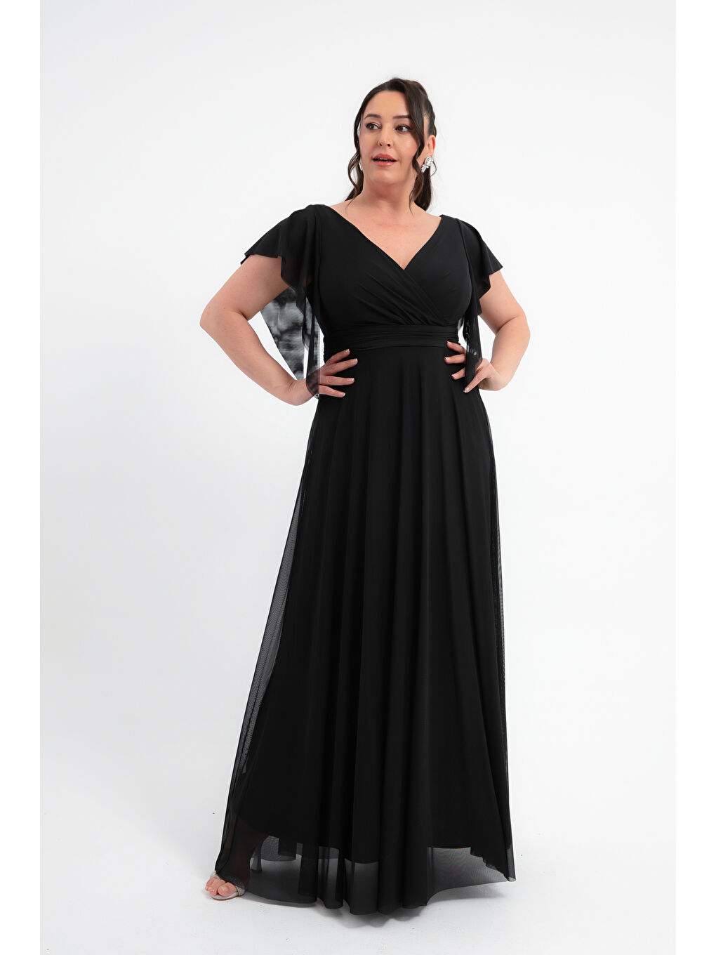 Kadın Siyah V Yaka Kısa Kollu Büyük Beden Uzun Abiye Elbise-1