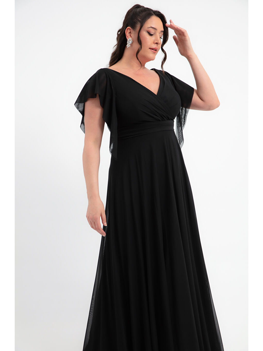 Kadın Siyah V Yaka Kısa Kollu Büyük Beden Uzun Abiye Elbise-2