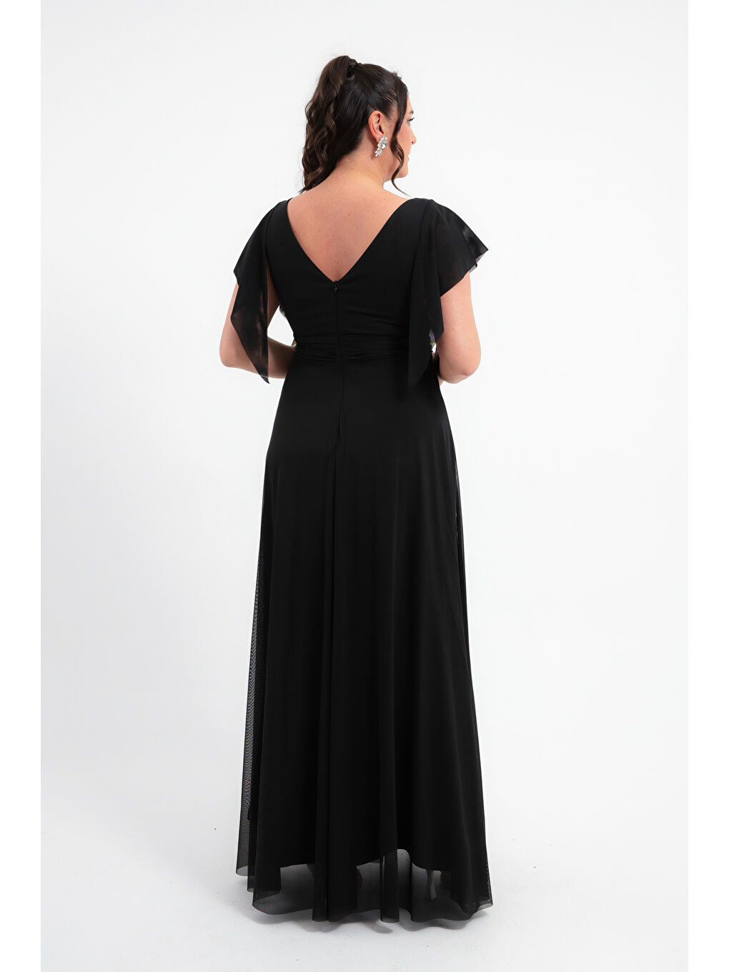 Kadın Siyah V Yaka Kısa Kollu Büyük Beden Uzun Abiye Elbise-4