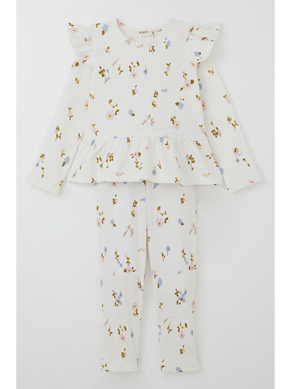 Kız Çocuk Taytlı Takım Çiçek Desenli Omuzu Fırfırlı Ekru (2-6 Yaş)