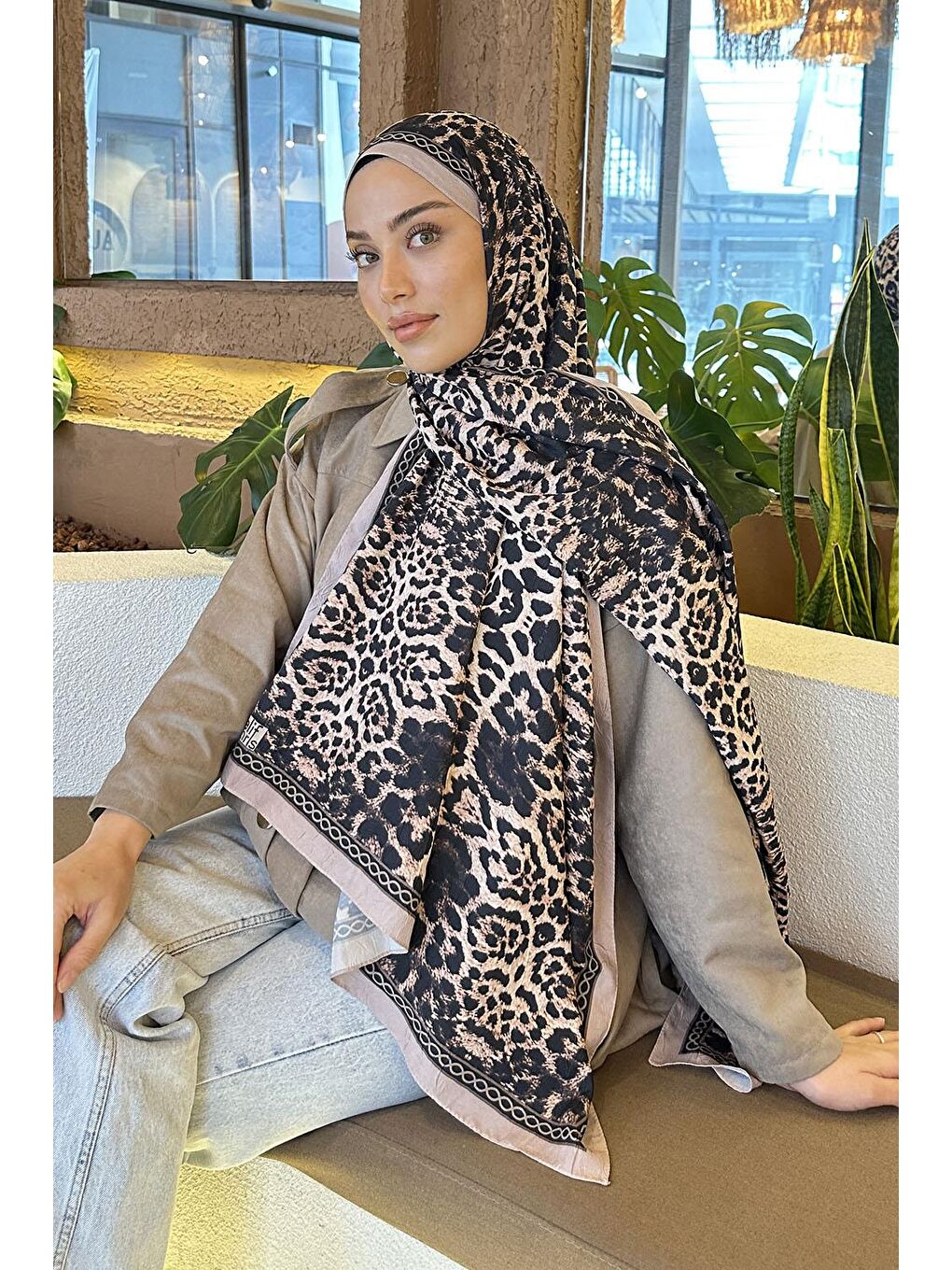 Bej Leopar Desen Bambu Şal Vizonrengi-1