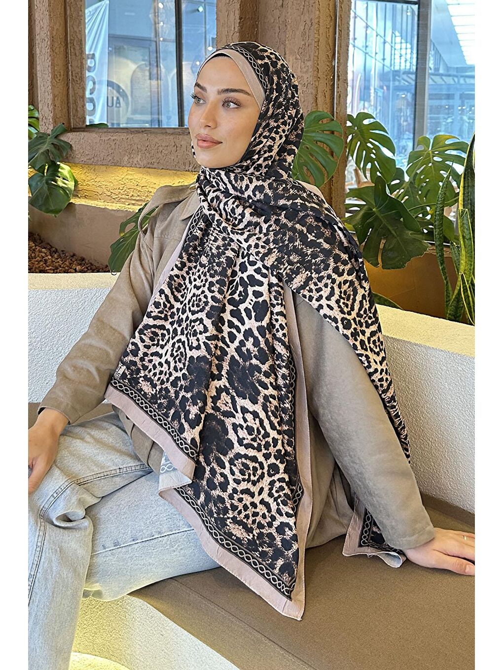 Bej Leopar Desen Bambu Şal Vizonrengi-2