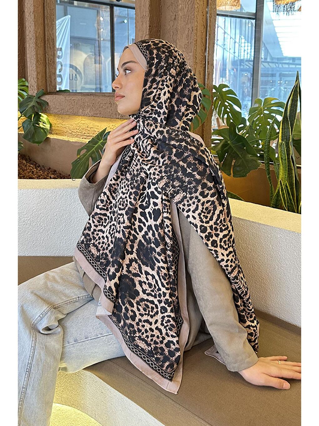 Bej Leopar Desen Bambu Şal Vizonrengi-3