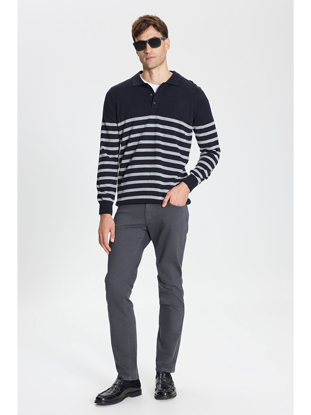 Erkek Lacivert-Gri Standart Fit Normal Kesim Polo Yaka Çizgili Triko Kazak-1