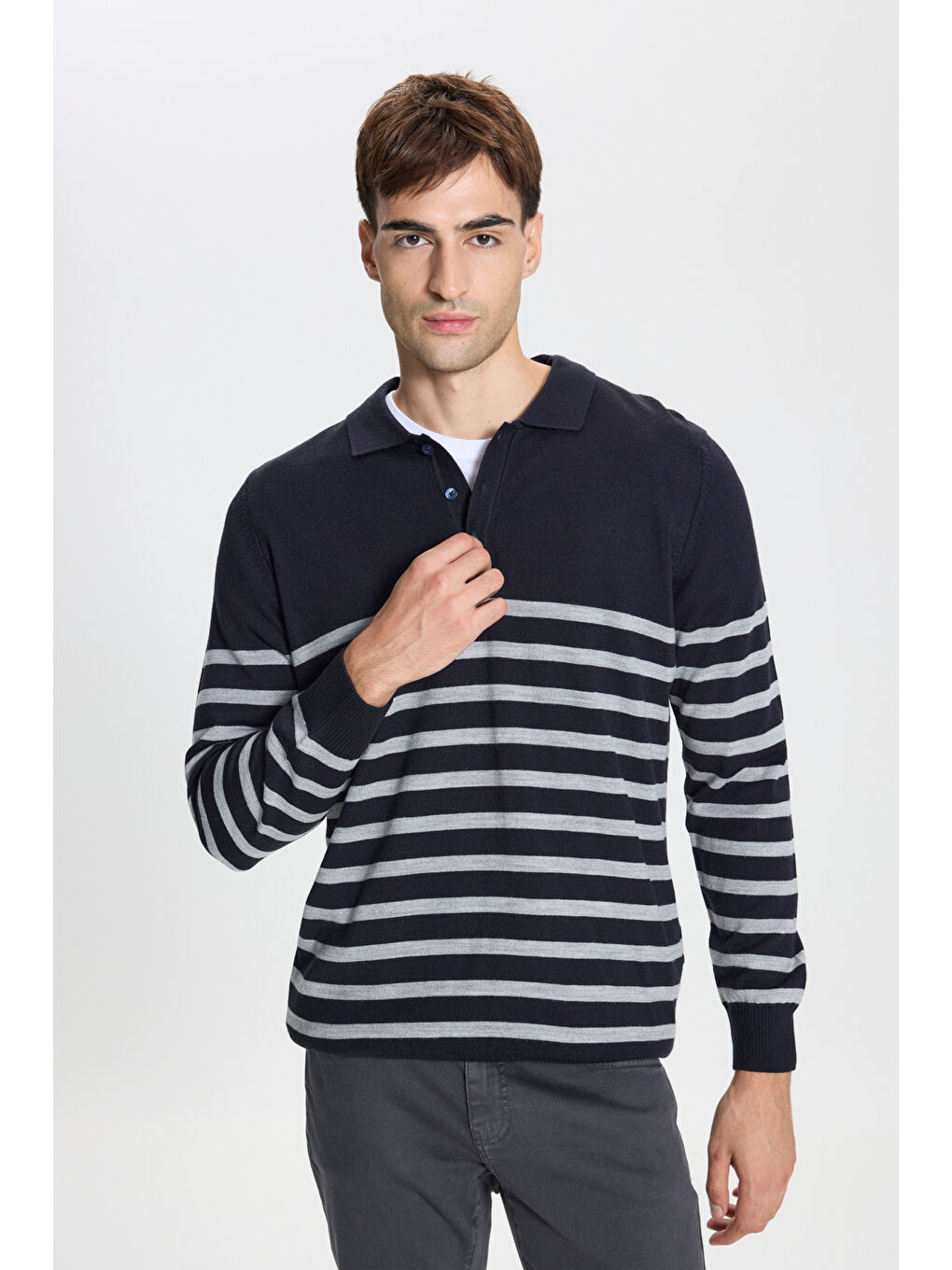 Erkek Lacivert-Gri Standart Fit Normal Kesim Polo Yaka Çizgili Triko Kazak-2