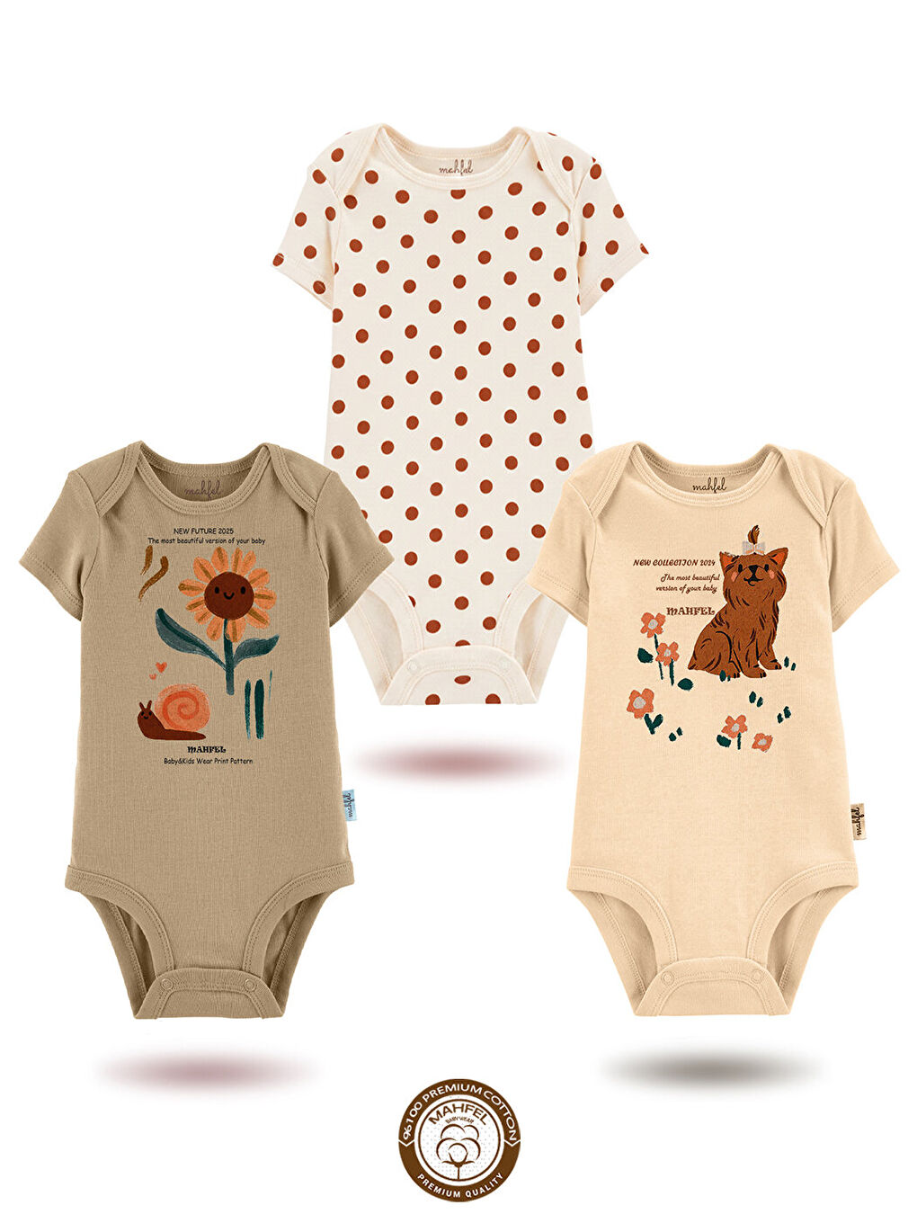 Turuncu 3'Lü %100 Pamuklu Organik Baskılı Kısa Kollu Çıtçıtlı Bebek Body Zıbın 755-748