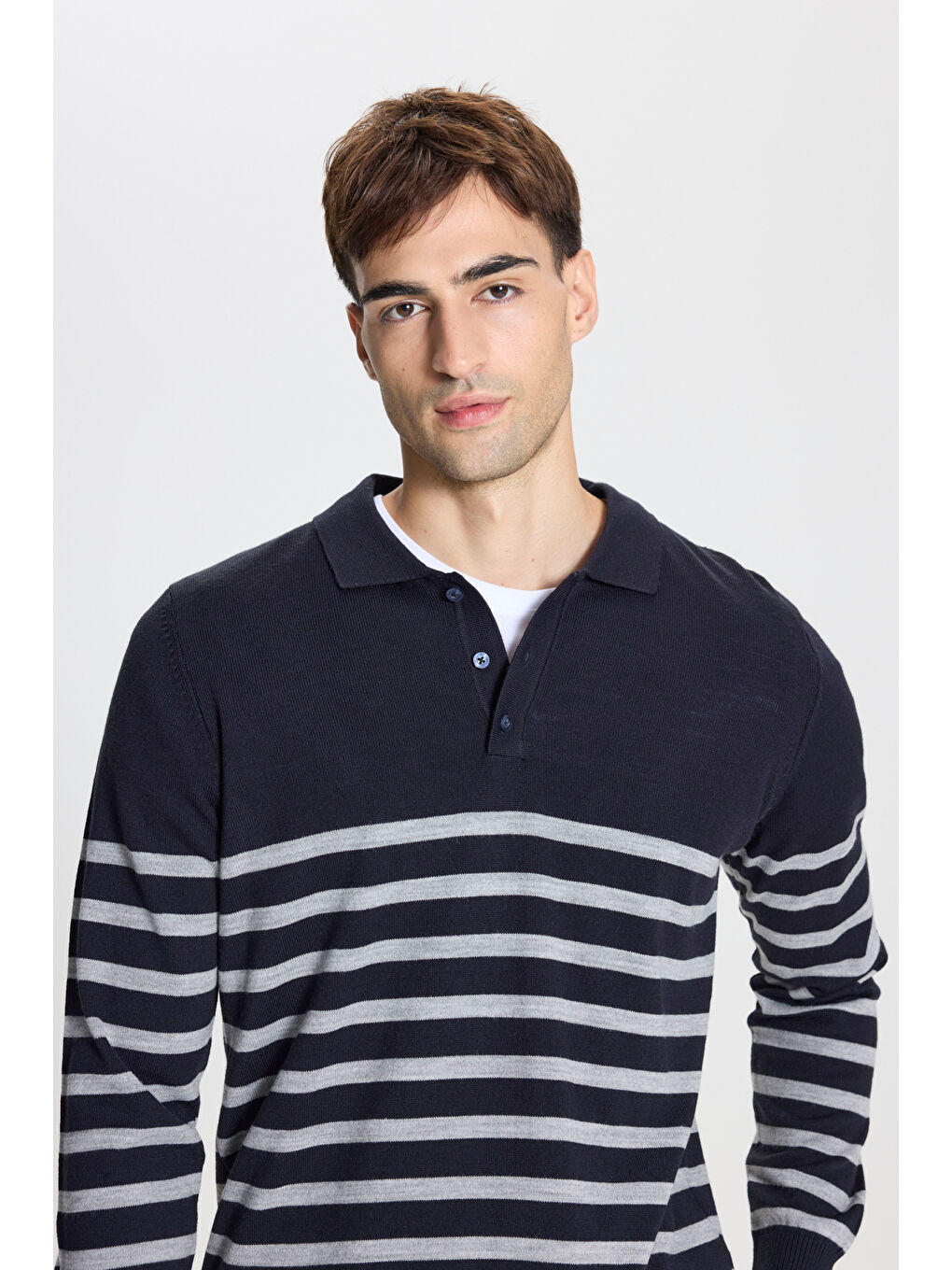 Erkek Lacivert-Gri Standart Fit Normal Kesim Polo Yaka Çizgili Triko Kazak-3