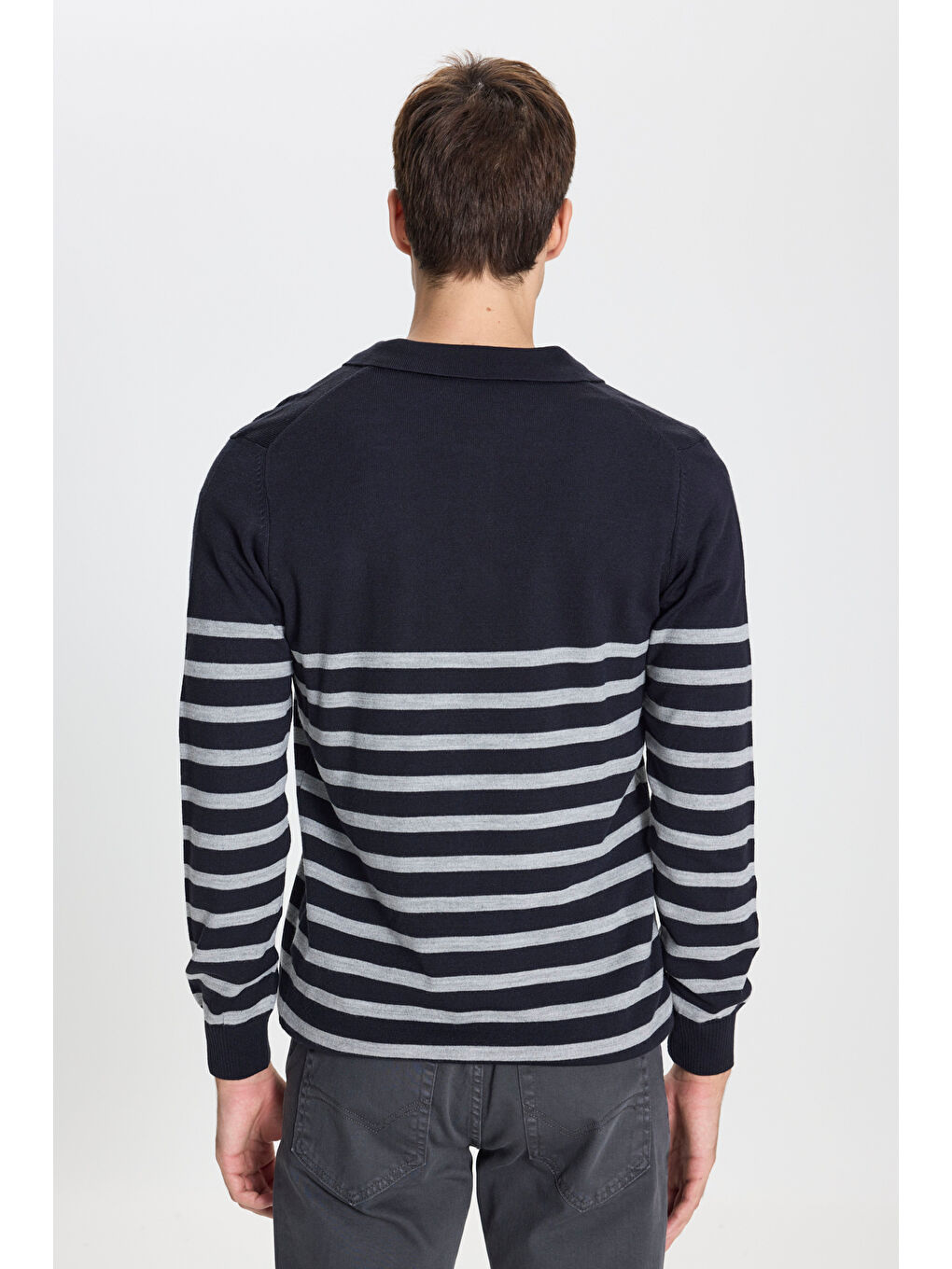 Erkek Lacivert-Gri Standart Fit Normal Kesim Polo Yaka Çizgili Triko Kazak-4