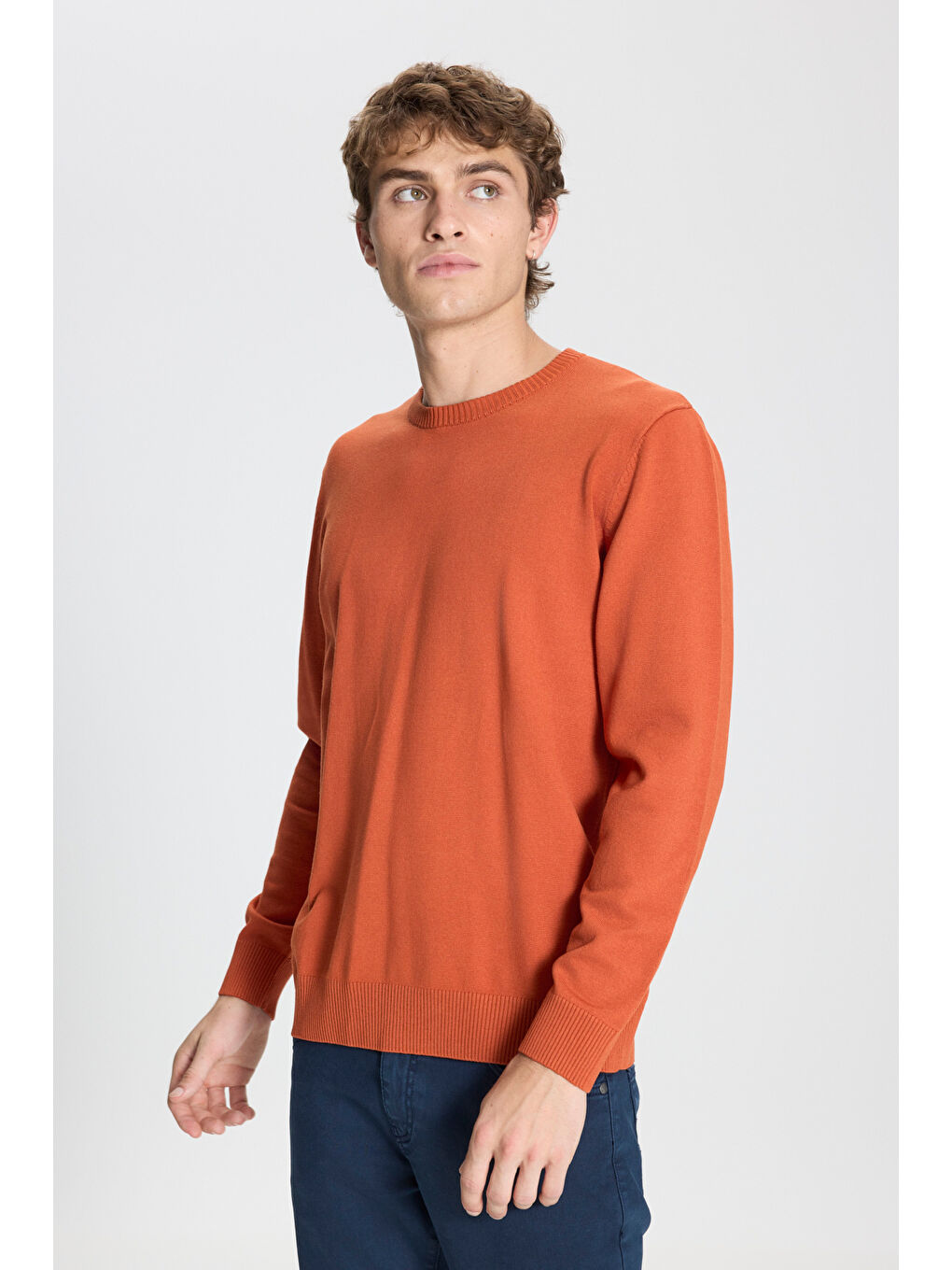 Kahverengi Erkek Kiremit Standart Fit Normal Kesim Bisiklet Yaka Triko Kazak-2