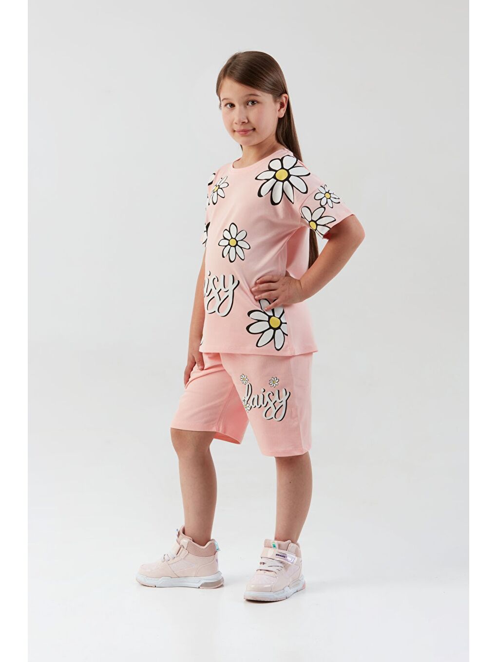 Pembe Papatya Baskılı Kız Çocuk Şortlu Takım-1