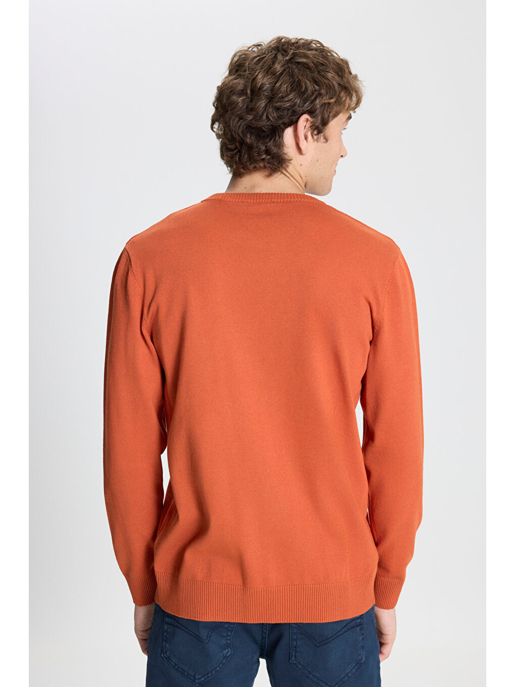 Kahverengi Erkek Kiremit Standart Fit Normal Kesim Bisiklet Yaka Triko Kazak-4