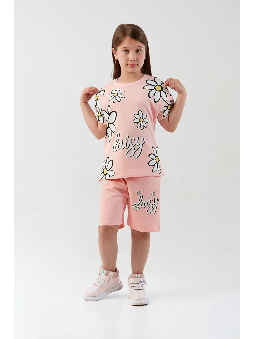 Pembe Papatya Baskılı Kız Çocuk Şortlu Takım-3