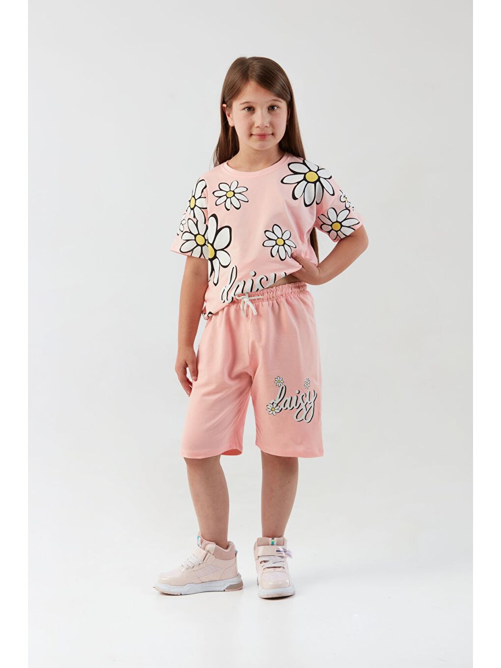 Pembe Papatya Baskılı Kız Çocuk Şortlu Takım-4