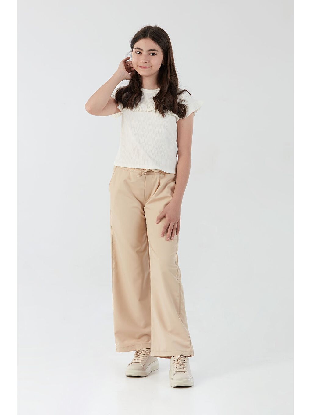 Bej Beli Bağlamalı Paraşüt Kumaş Kız Çocuk Pantolon