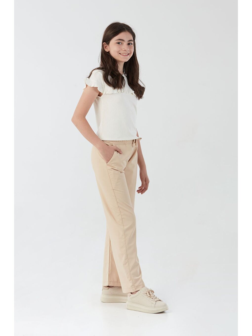Bej Beli Bağlamalı Paraşüt Kumaş Kız Çocuk Pantolon-2