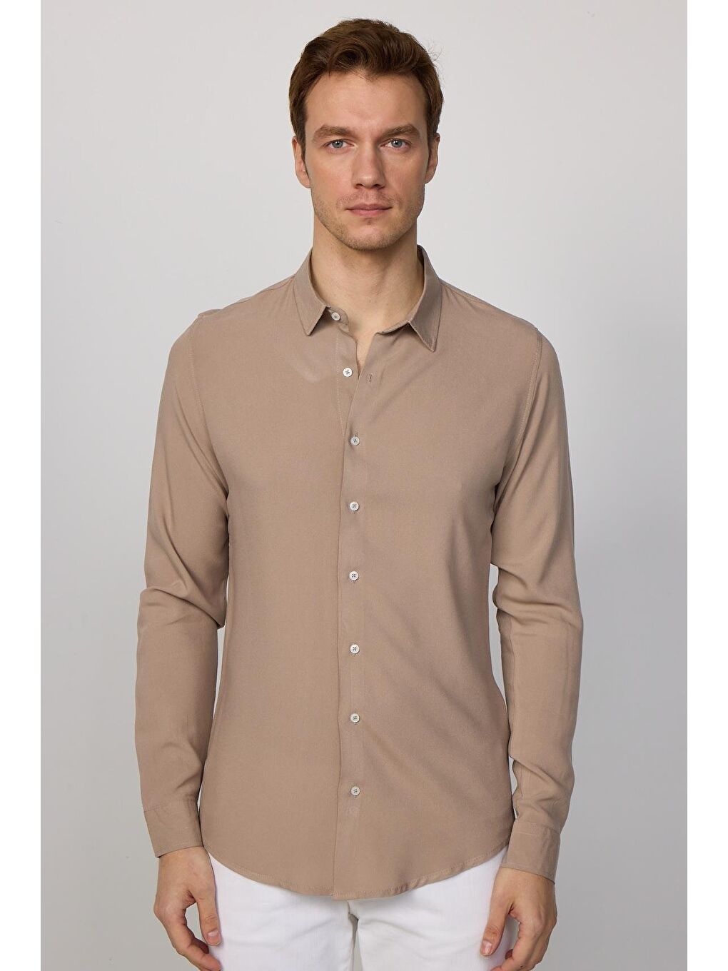 Bej Slim Fit Uzun Kollu Dar Kesim Dökümlü Viskon Vizon Erkek Gömlek-2