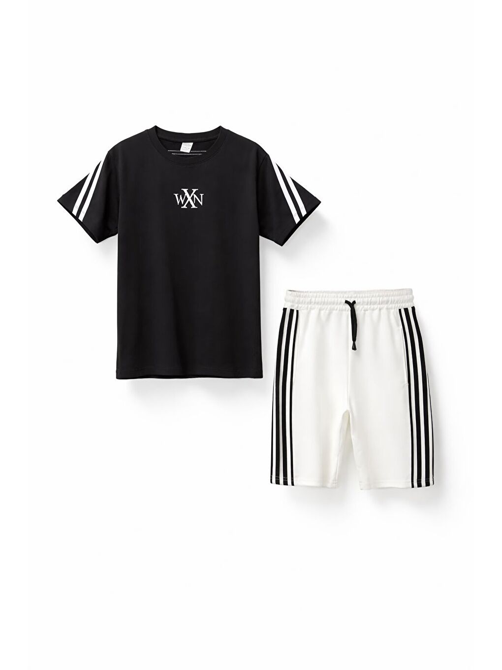 Ekru Logolu Tişörtlü Şerit Detaylı Şortlu Erkek Çocuk Takım 23813-3