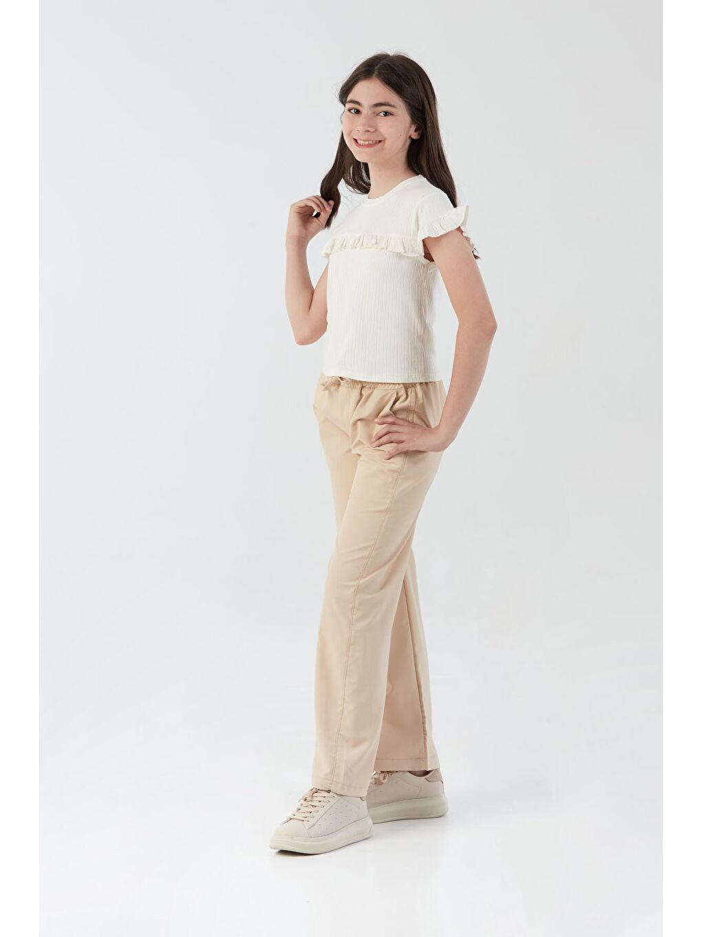 Bej Beli Bağlamalı Paraşüt Kumaş Kız Çocuk Pantolon-4