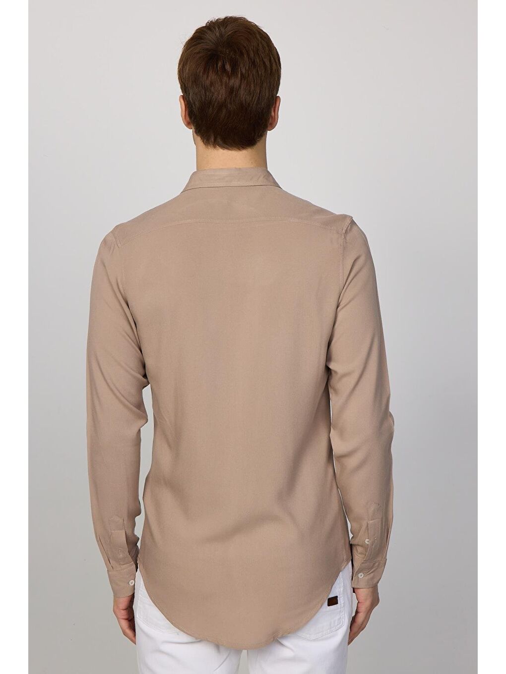 Bej Slim Fit Uzun Kollu Dar Kesim Dökümlü Viskon Vizon Erkek Gömlek-4