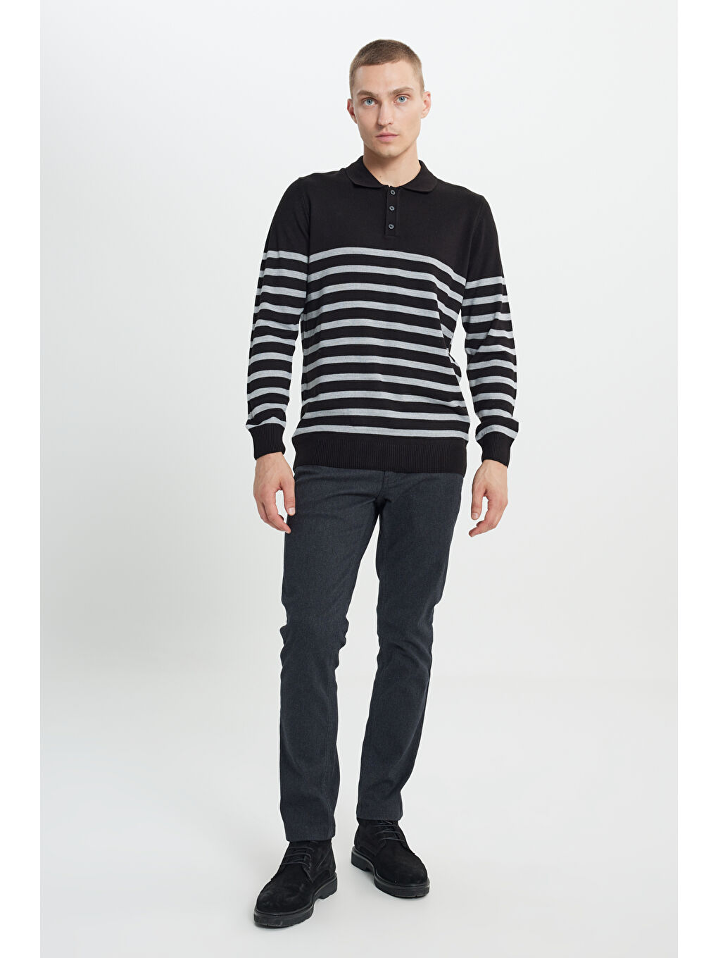 Erkek Siyah-Antrasit Standart Fit Normal Kesim Polo Yaka Çizgili Triko Kazak-1