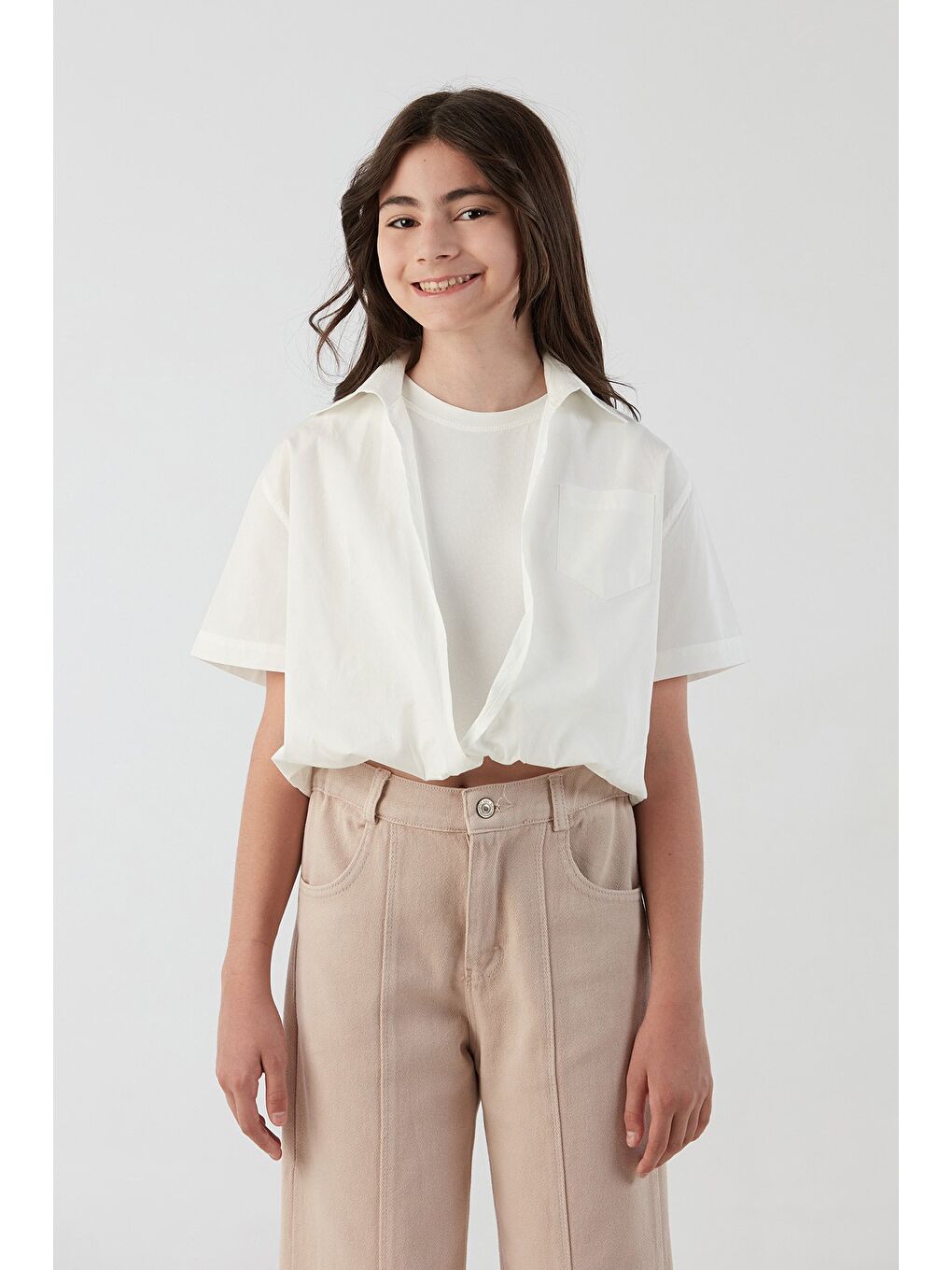 Ekru Cepli Tişörtlü Kız Çocuk Gömlek