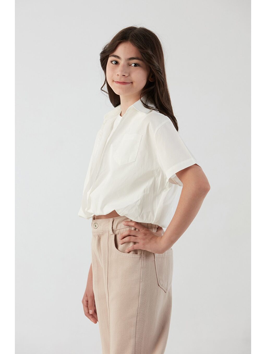 Ekru Cepli Tişörtlü Kız Çocuk Gömlek-2