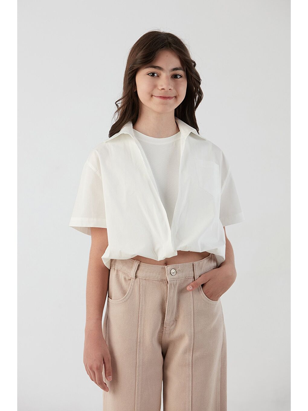 Ekru Cepli Tişörtlü Kız Çocuk Gömlek-4