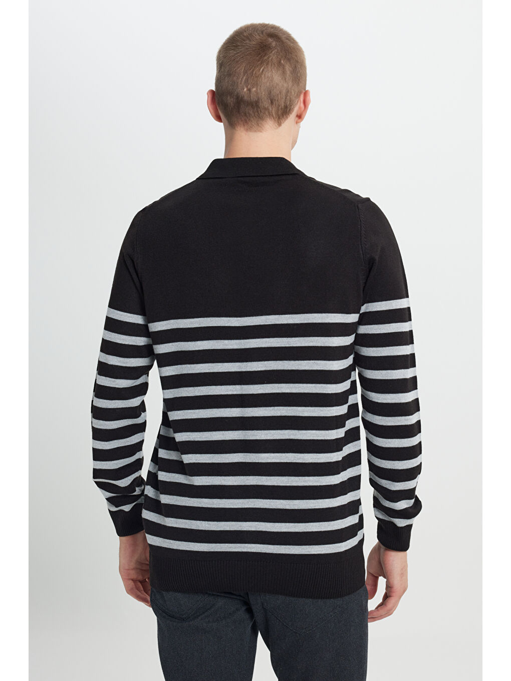 Erkek Siyah-Antrasit Standart Fit Normal Kesim Polo Yaka Çizgili Triko Kazak-4