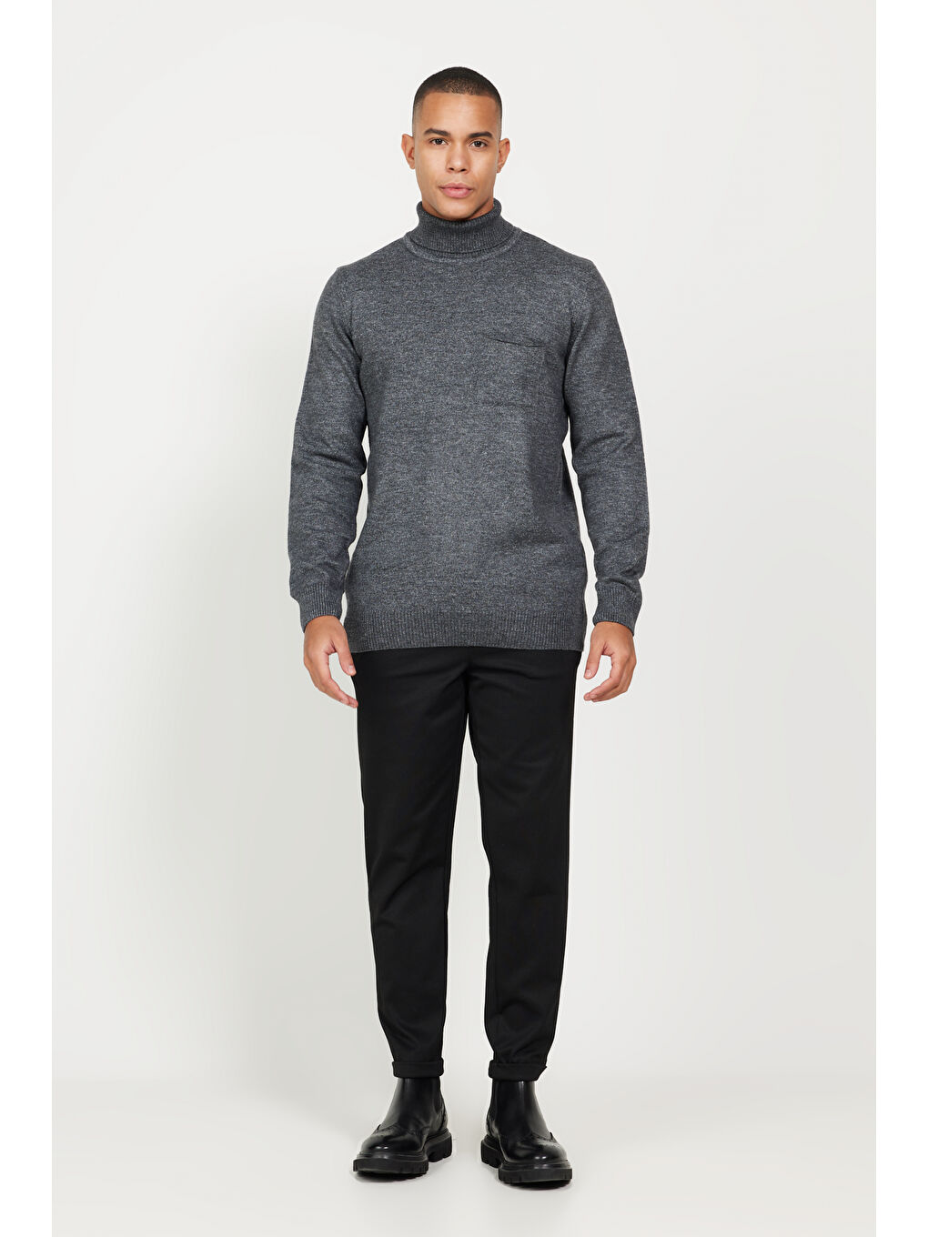 Erkek Antrasit-Melanj Standart Fit Normal Kesim Tam Balıkçı Yaka Triko Kazak-1